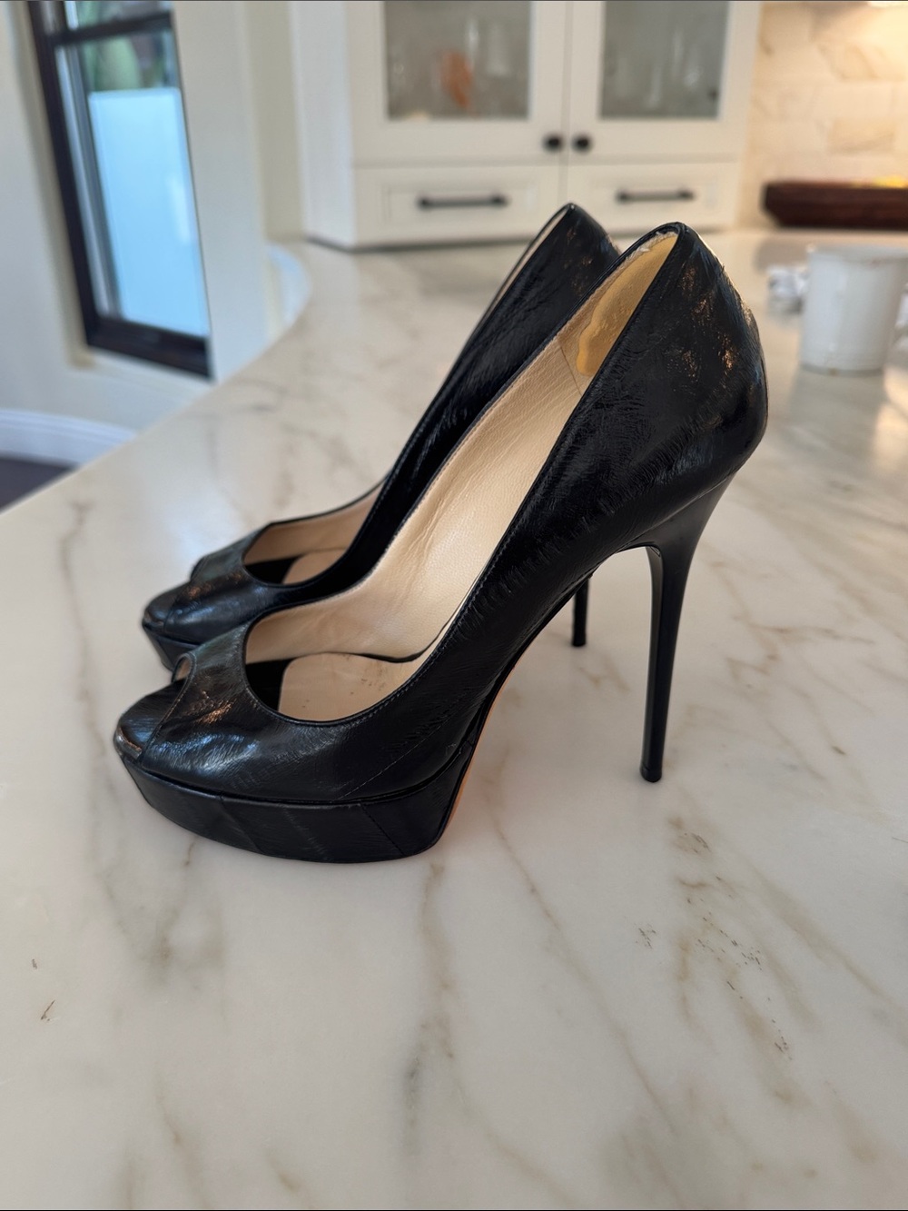 Jimmy Choo Black Leather Peep-Toe Platform Stilettos